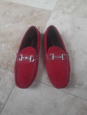 Bright Red Vegan Suede Horsebit Driving Moccasins By Z Vaughn, Full Lining, EUC